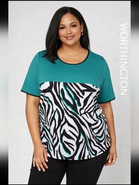 WORTHINGTON Womens 1X Animal Print Short Sleeve Top Colorblock Green Black White